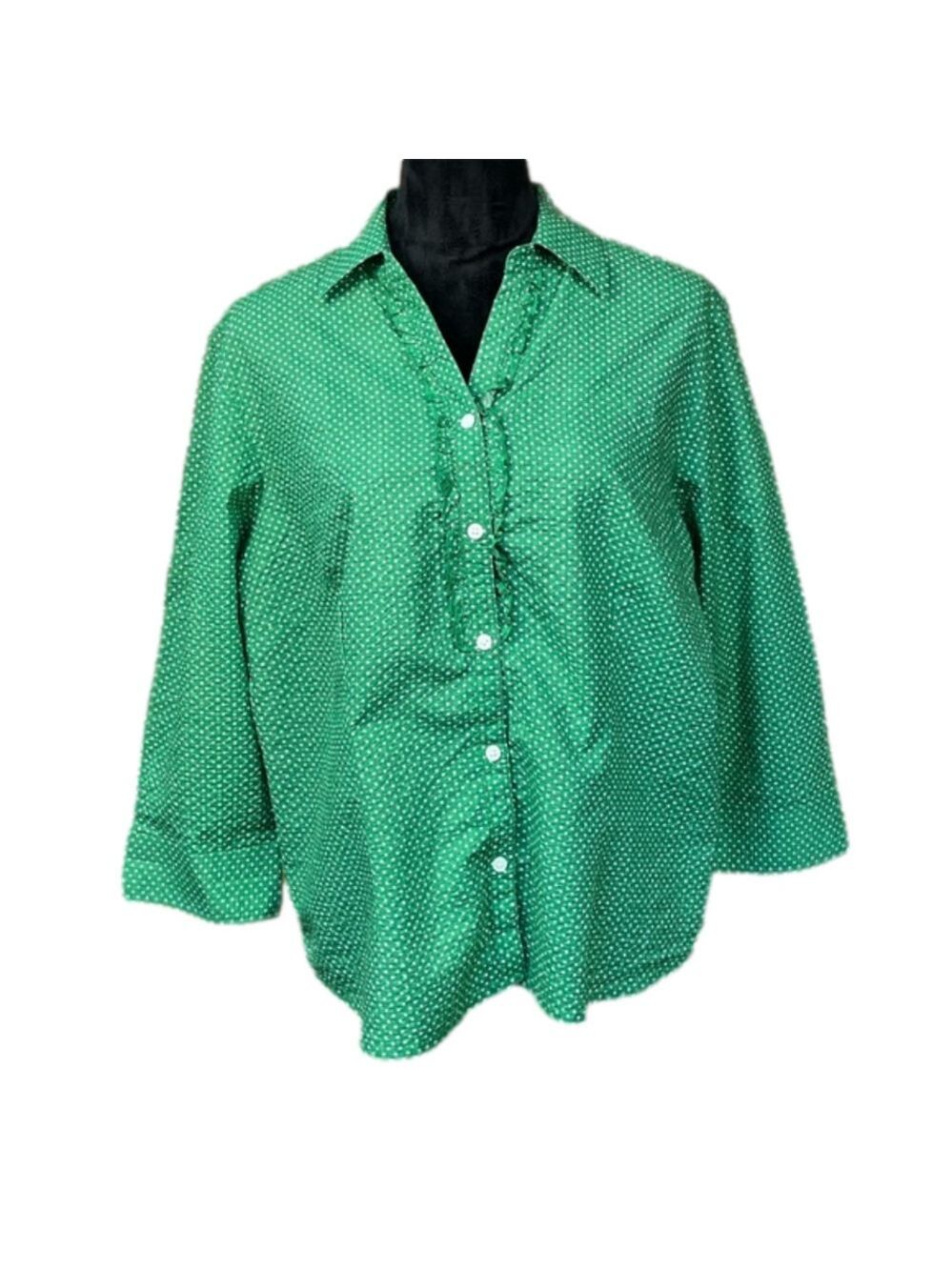 IB Diffusion Size XL Green Polka Dot Ruffled Button Down 3/4 length Sleeve EUC